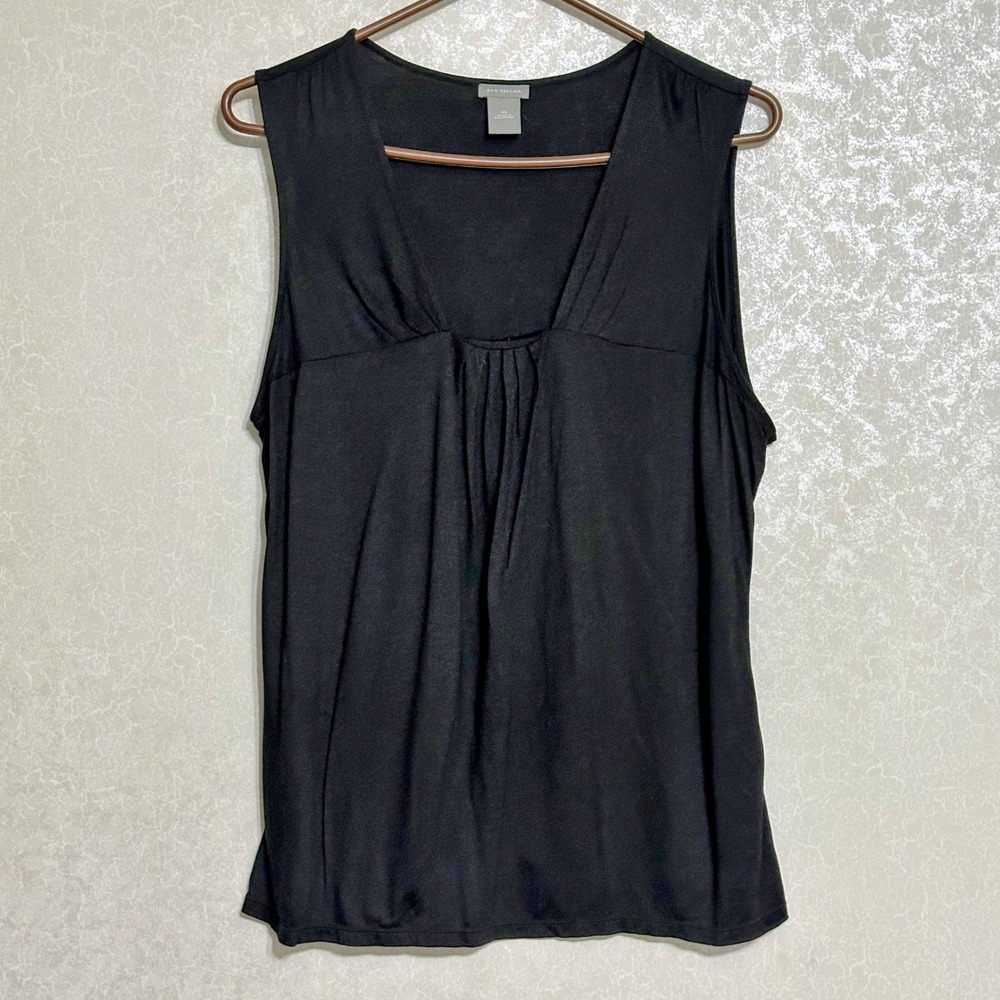 Ann Taylor V-Neck Pleated Sleeveless Tank Top Rayon Lyocell Minimalist Black XL